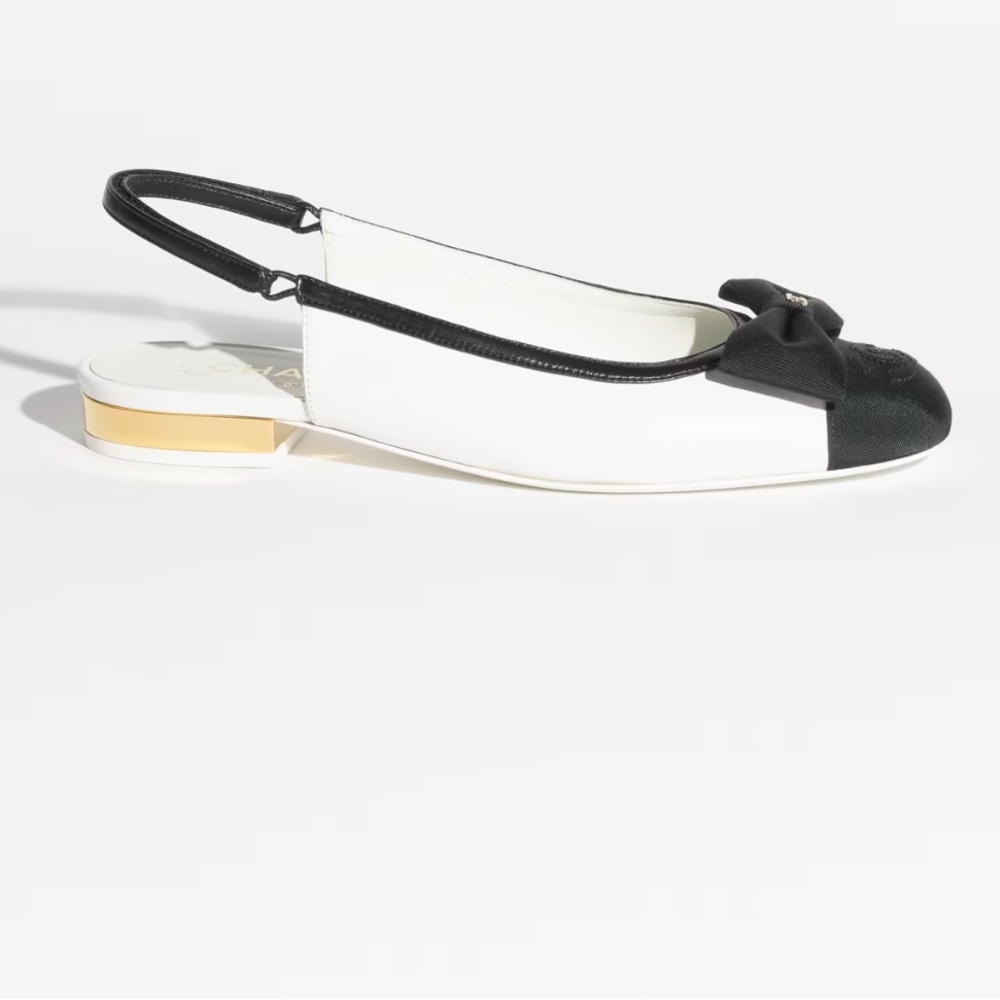 Chanel Slingback Ballet Flats Lambskin & Grosgrain White & Black 39 - Picture 3 of 16